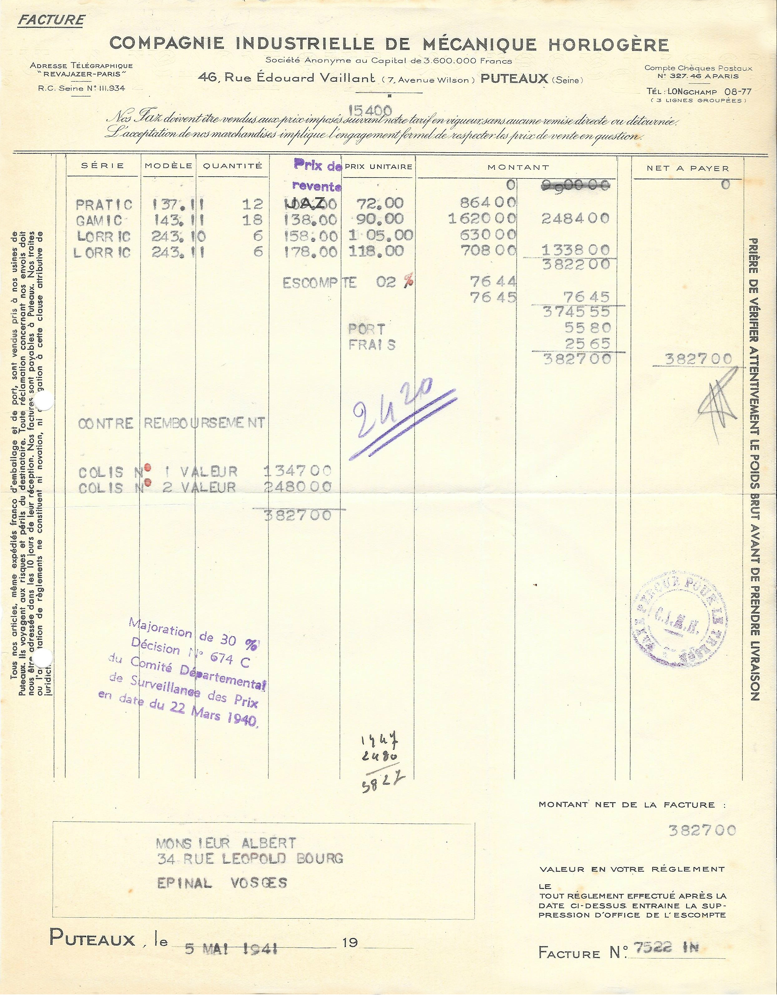 Jaz Facture 5 Mai 1941 PRATIC et LORRIC