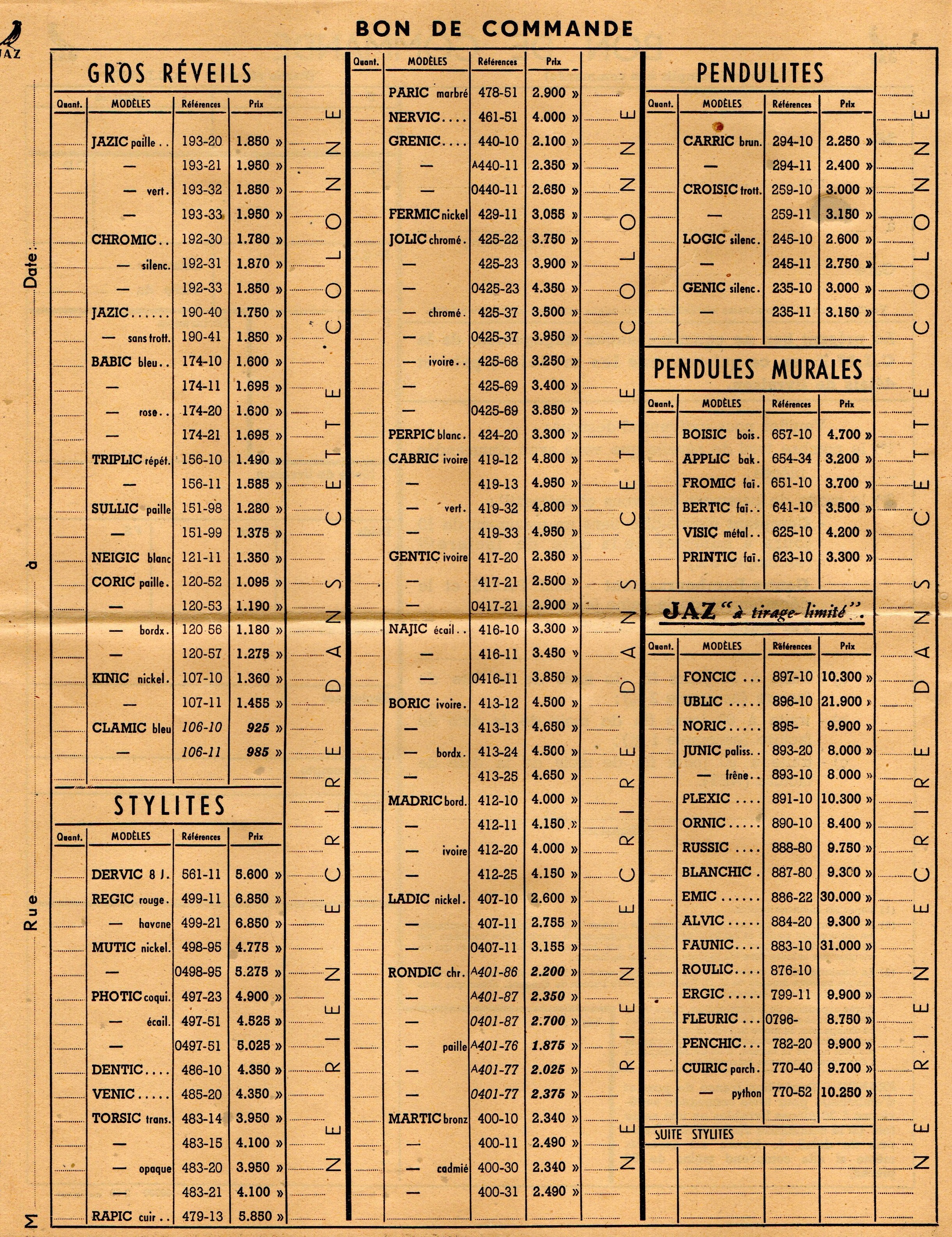 1950 bon de commande du tarif FA 50