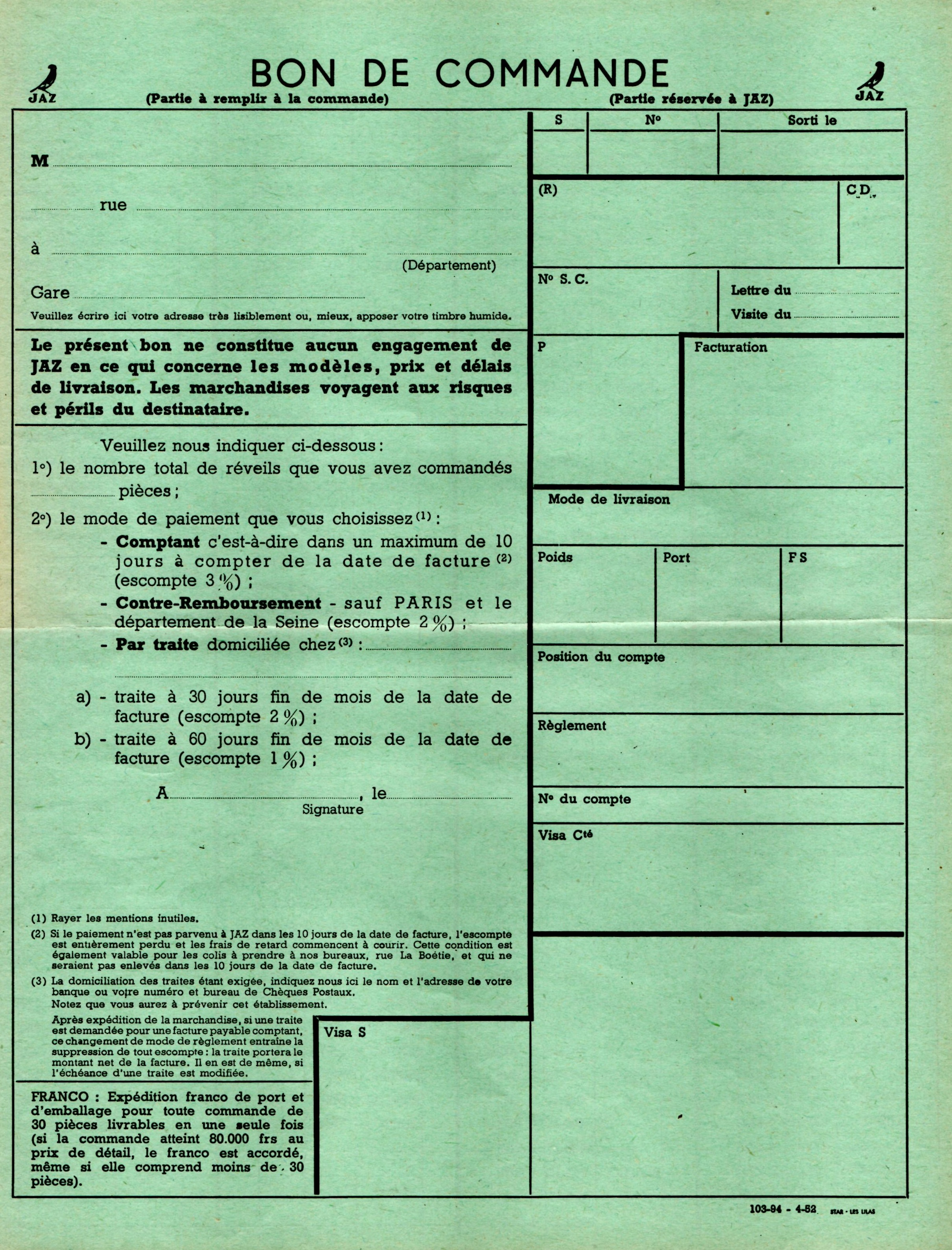 1951 bon de commande tarif FC 51 avril 1952