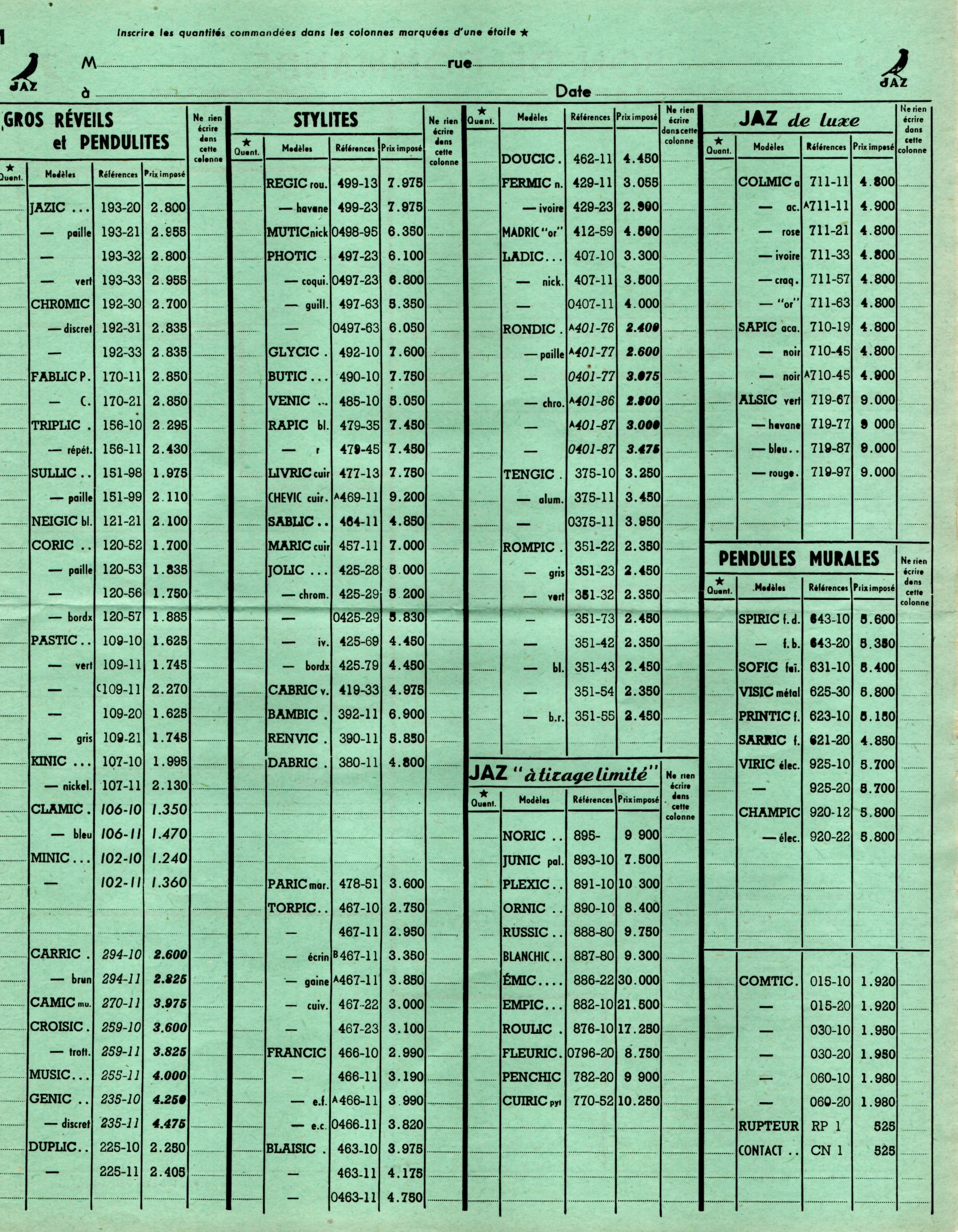 1951 bon de commande tarif FC 51 avril 1952 page m