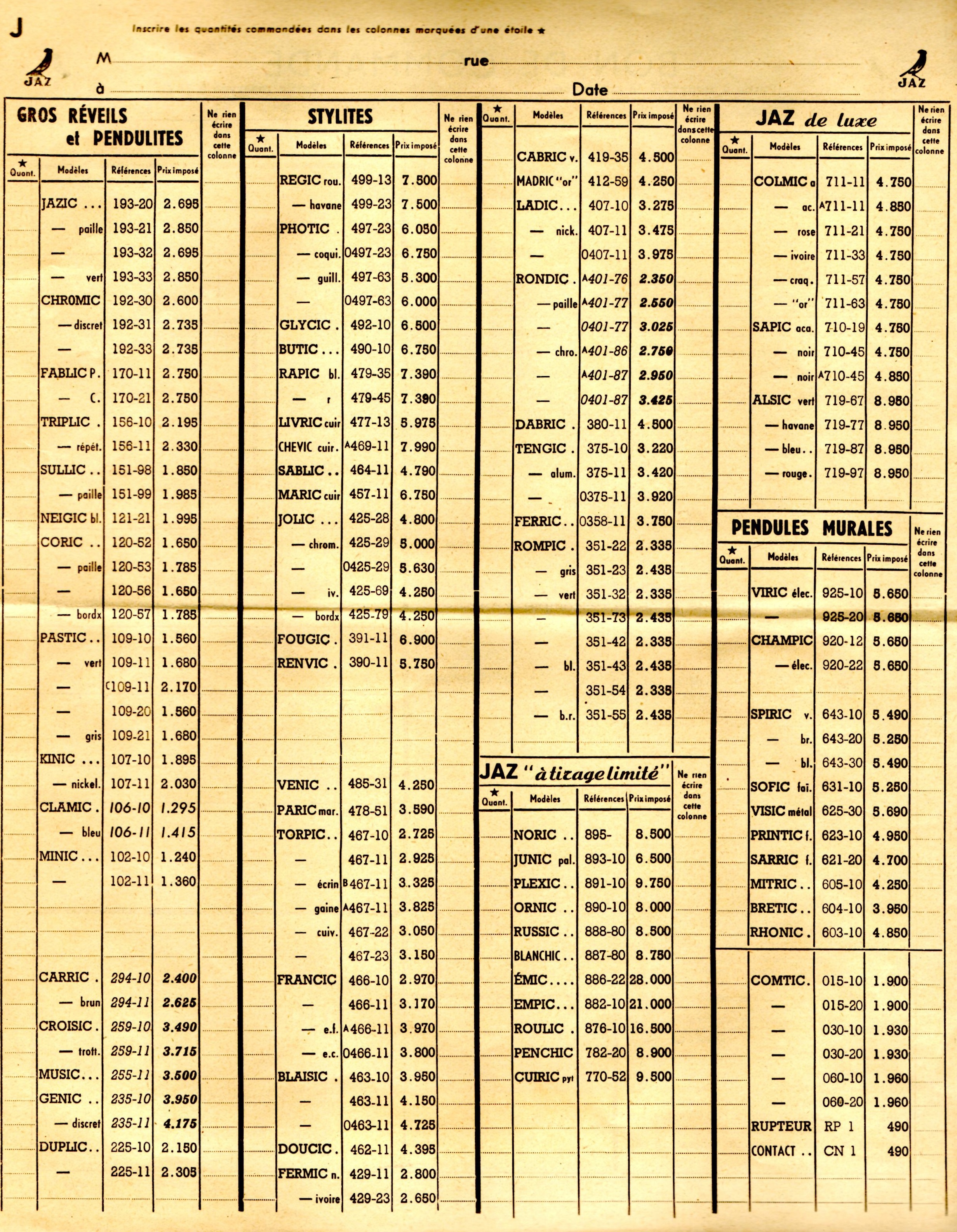 1952 bon de commande du tarif FA 1952 page J