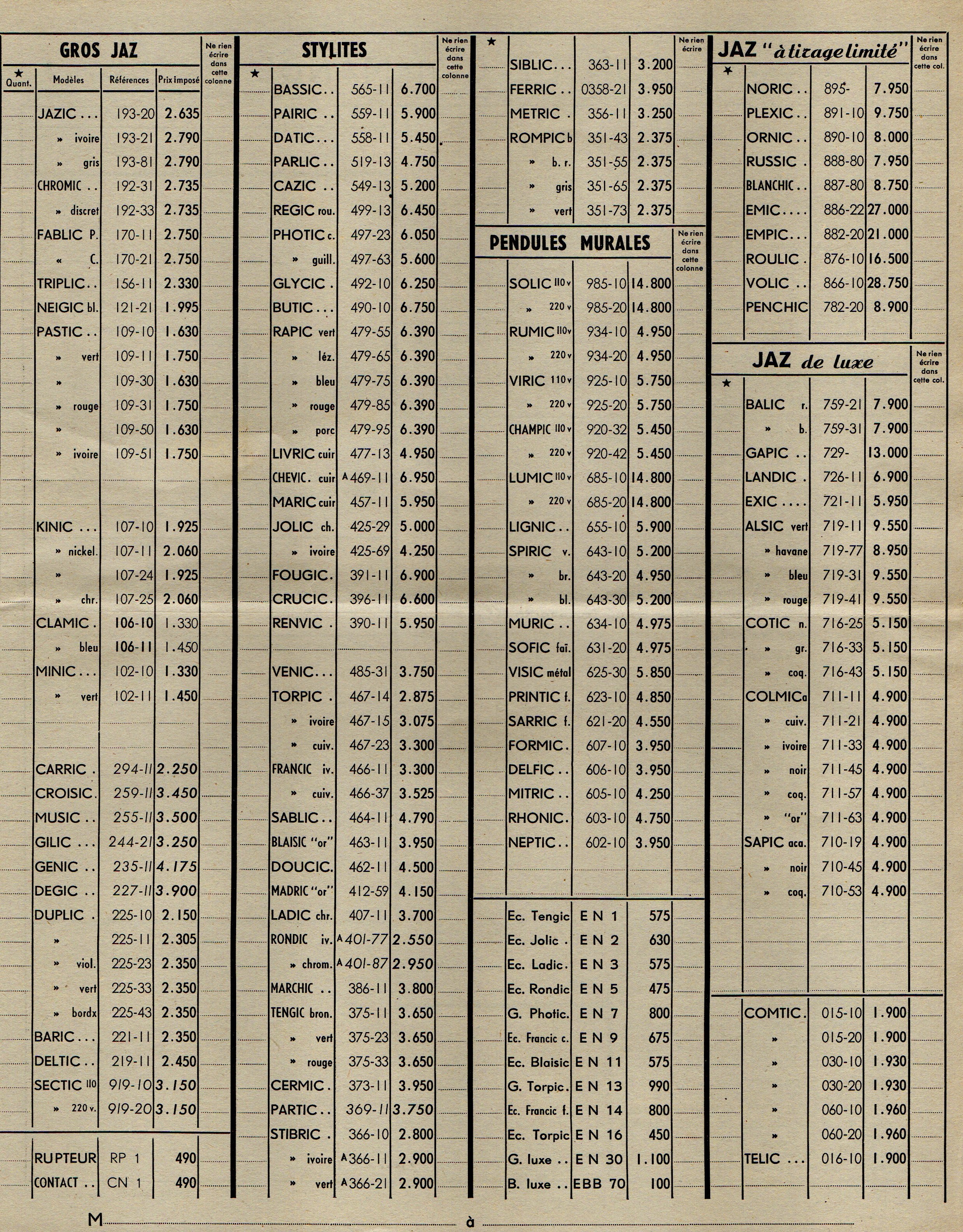 1953 bon de commande du tarif FB 53