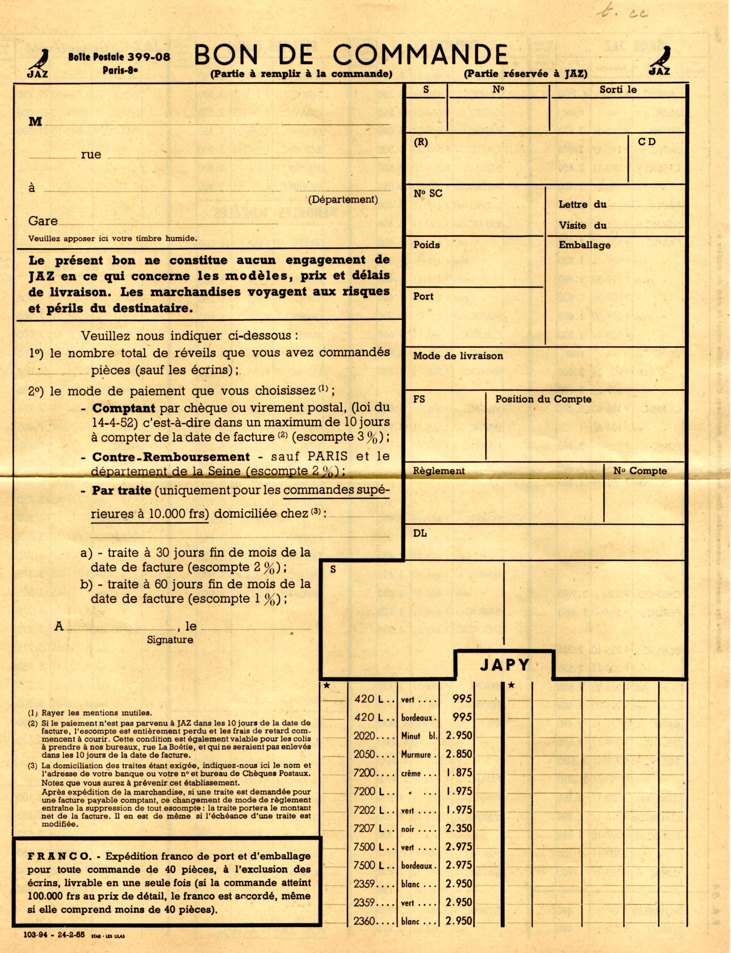 1954 bon de commande du tarif FA 54 février 1955 jpg