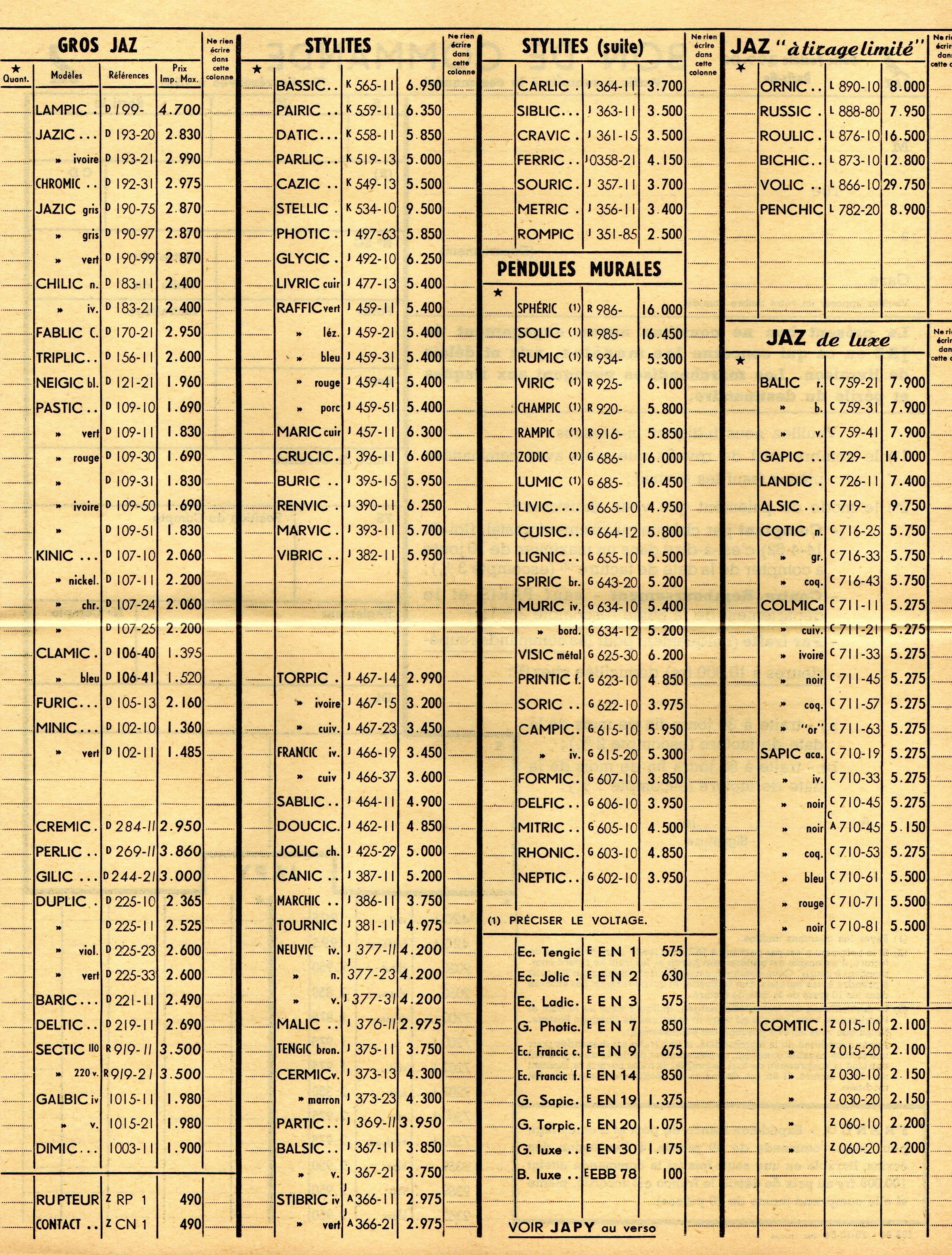 1954 bon de commande du tarif FA 54 février 1955 page J