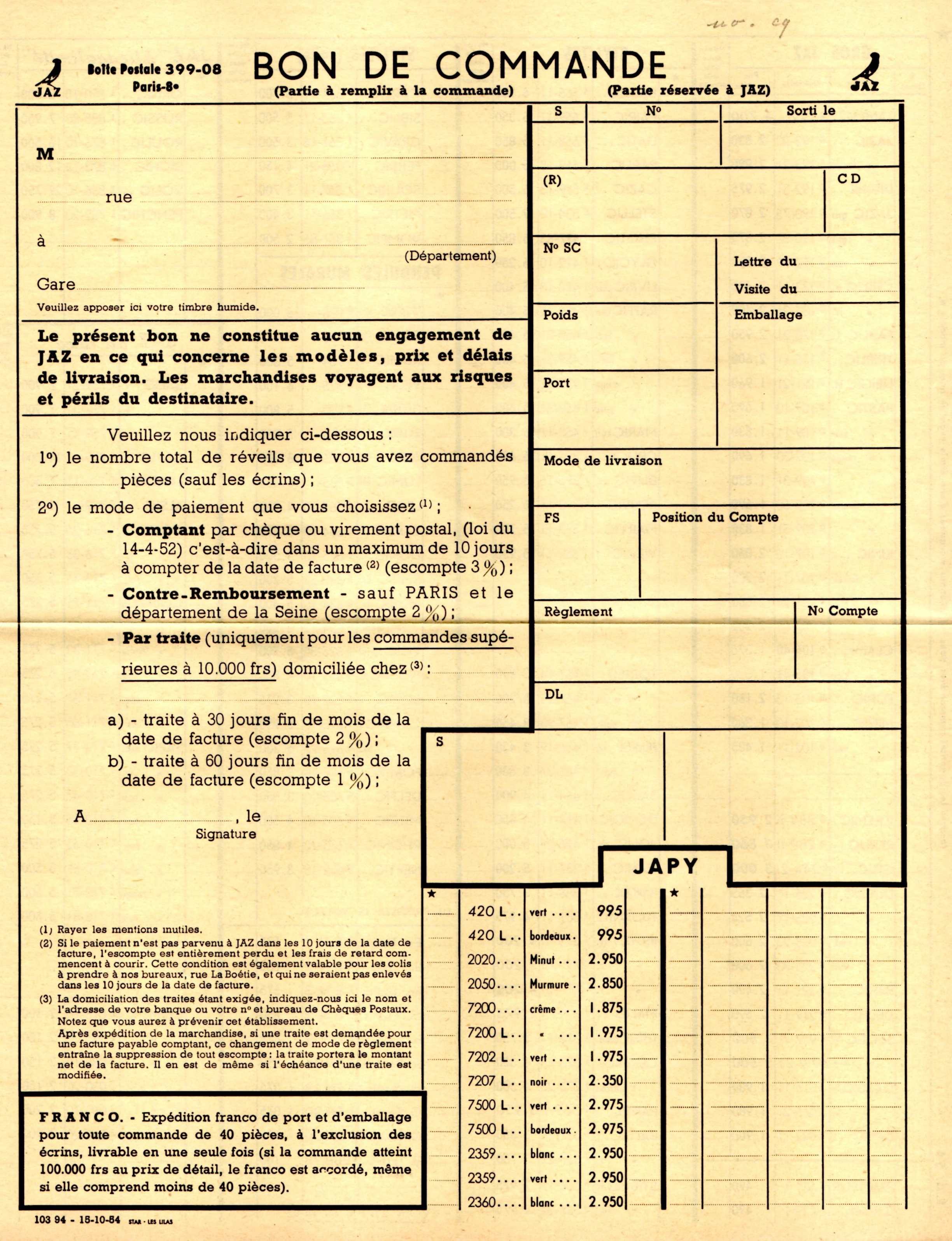 1954 bon de commande du tarif FA 54 octobre 1954