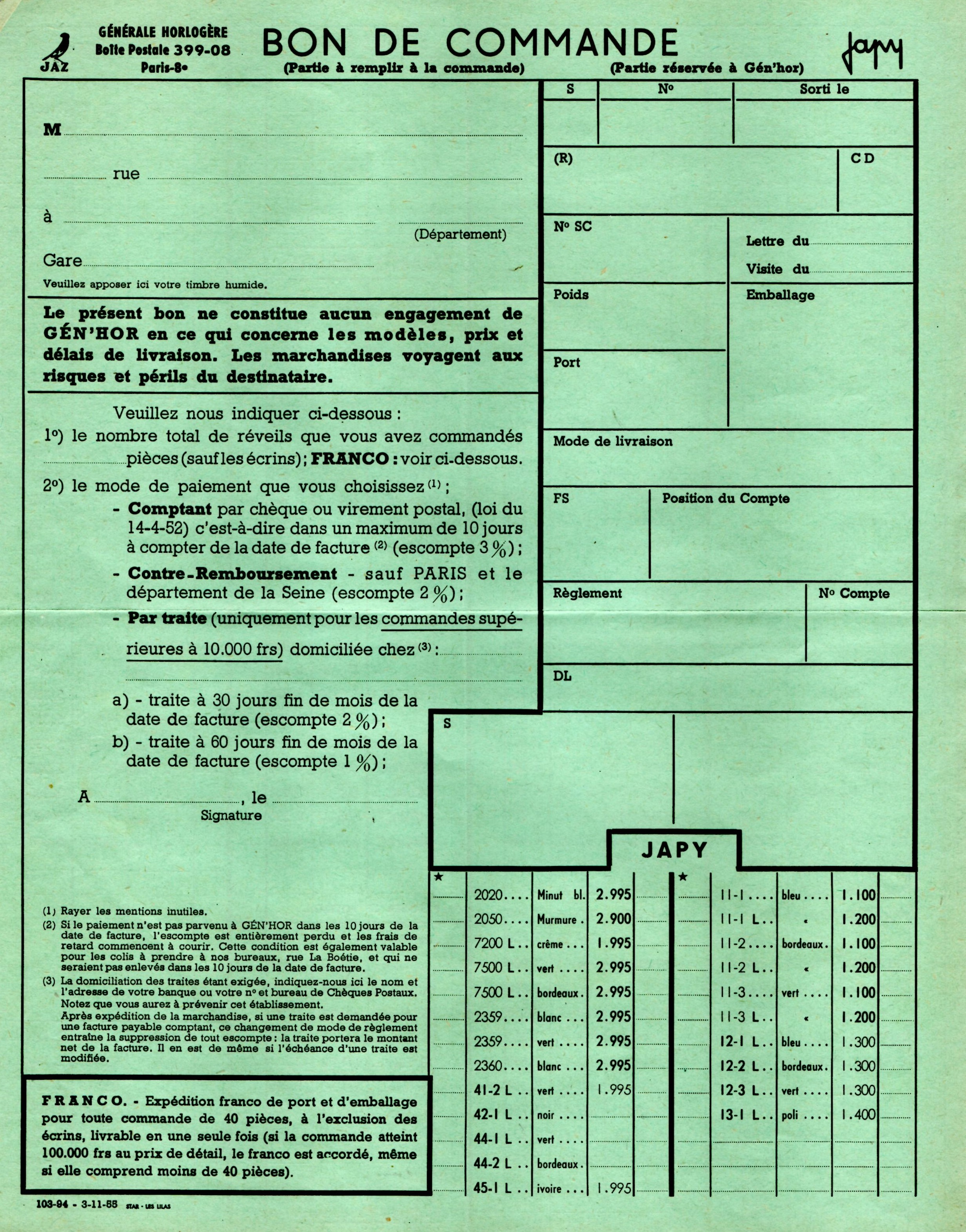 1955 bon de commande Tarif FB 55 octobre 1955