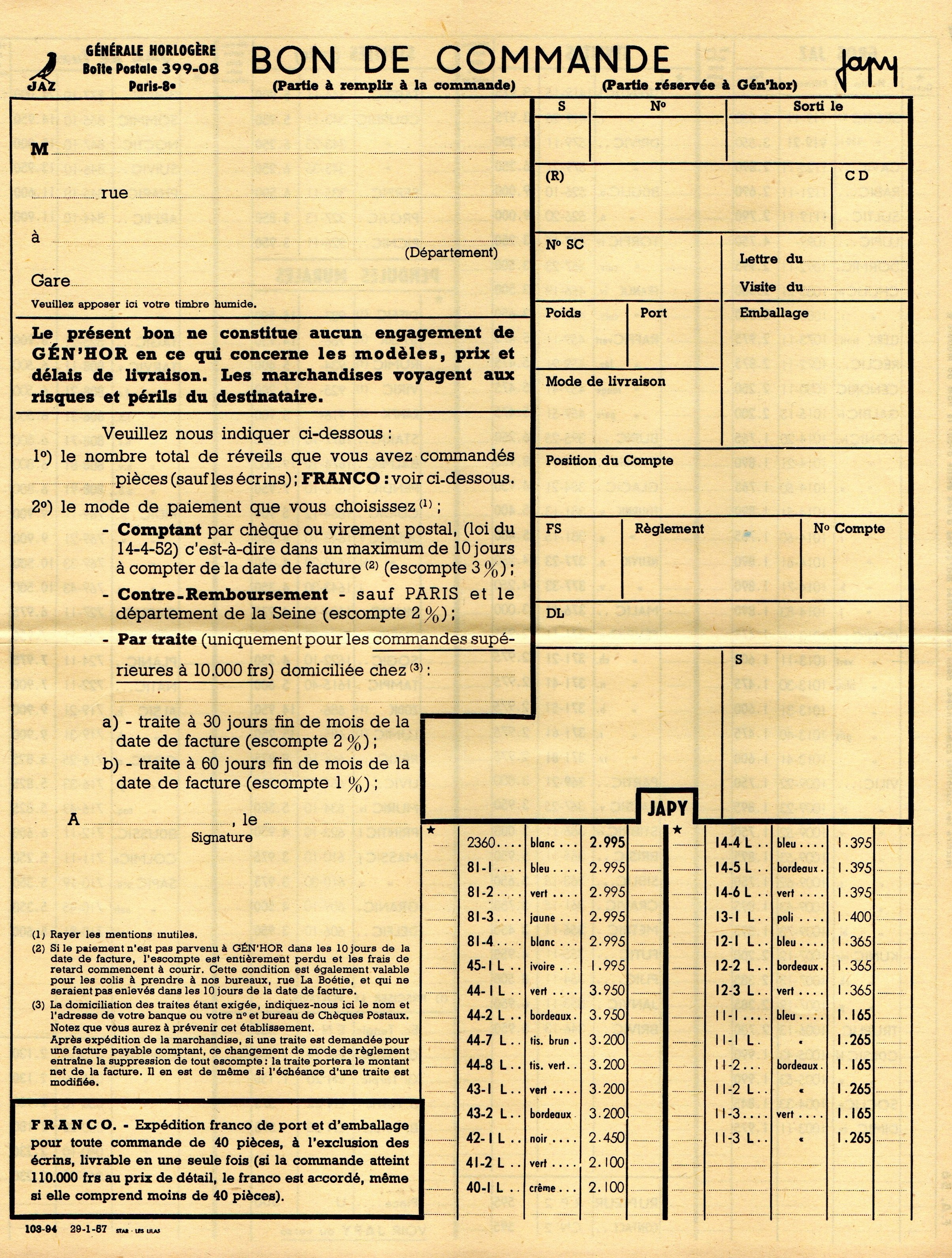 1957 bon de commande Janvier 1957 page 1