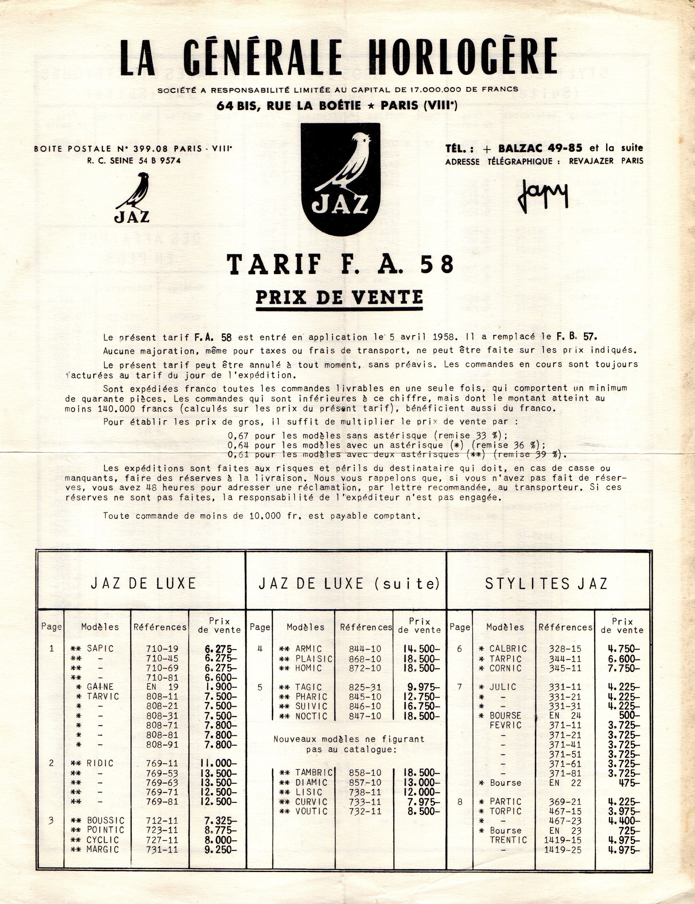 1958 tarif FA page 1