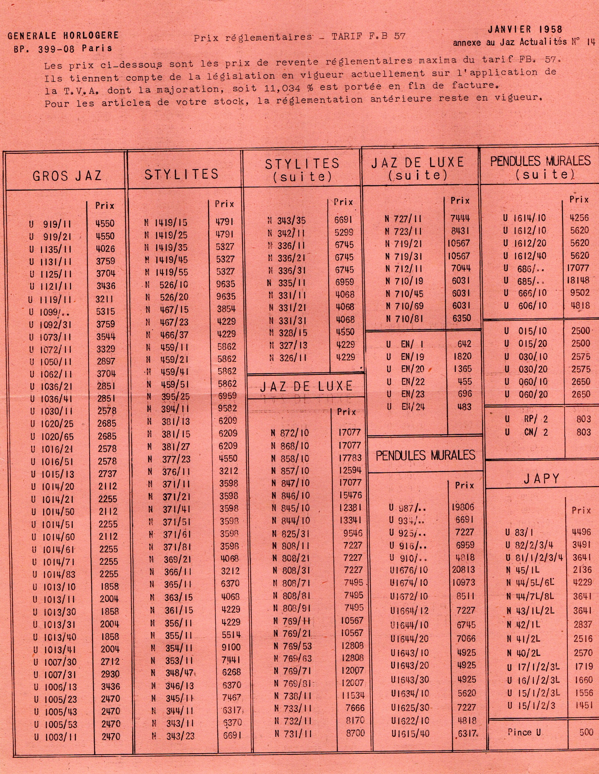 1958 tarif FB 57 janvier 58