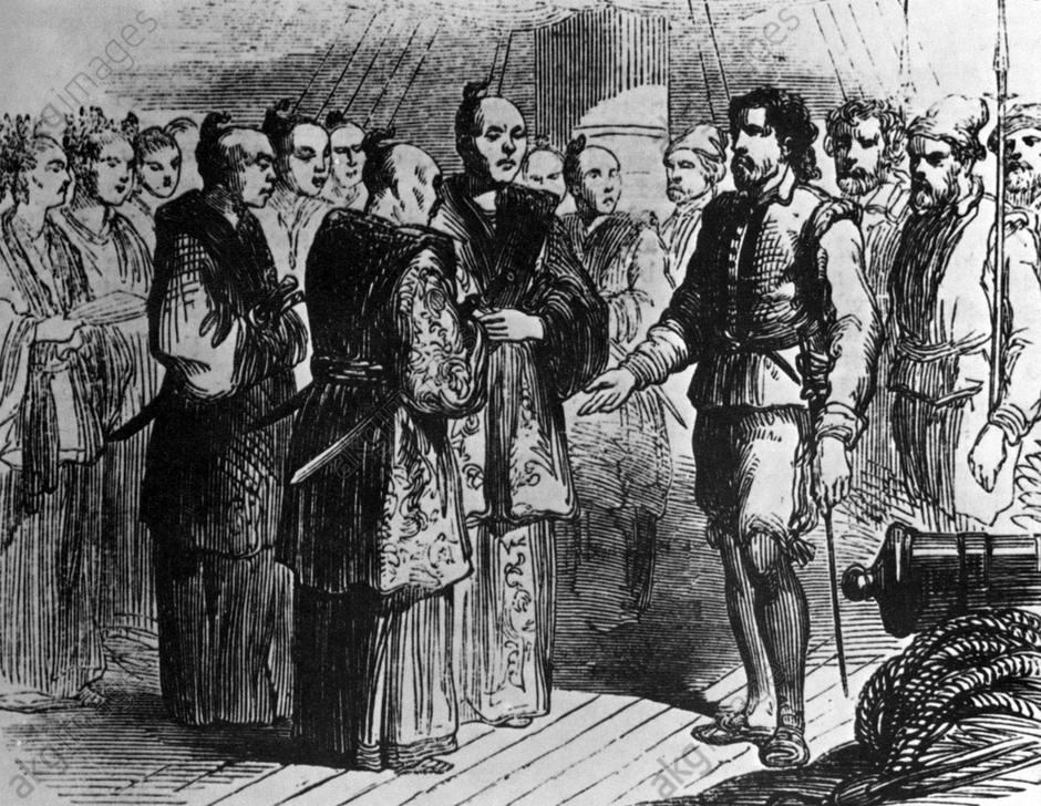 Japan/ Britain: The first Englishman to visit Japan, navigator William Adams, meets Shogun Tokugawa Ieyasu in 1600 CE.